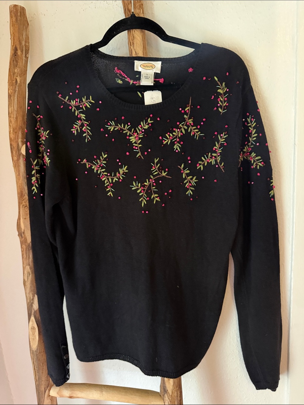 Talbots Black Scoop Neck Cotton Sweater Pink & Green Holly Embroidery & Beads L